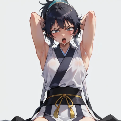 1girl, (masterpiece:1.3), (high resolution), (8K), (extremely detailed), (4k), (pixiv), perfect face, nice eyes and face, (best quality), (super detailed), detailed face and eyes, (solo), textured skin, absurdres, highres, wzkomachine, white eyes, large , sash, bike shorts, short sleeves, bangs, black gloves, fingerless gloves, long hair, black hair,ponytail, japanese clothes, kimono, sitting on floor, looking at viewer,Nipple re,Sexy, flirtats, Solitary, Side breast,eternity, vents, No underwear,Small Breasts, No eyeballs, ailable in black, low twin braids,Facing the audience, looking at the audience, tired, from below, (Exposed armpit:1.1), ((armpit:1.2)), sexy, Sweating, More and moreeat,(ahegao), (Roll your eyes), Naughty face, blush, open mouth, Sticking out tongue, saliva, Slobber,Skinny, raise arms, (arms above head:1.5)