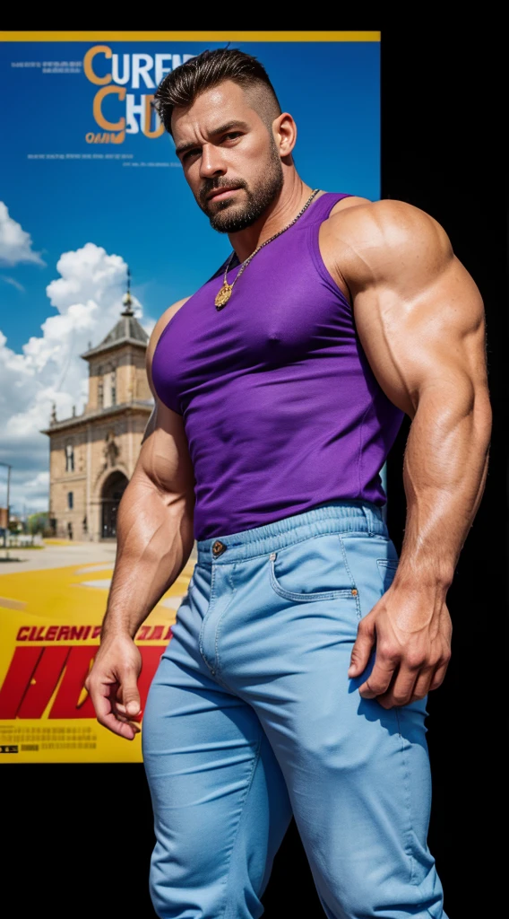 Handsome dutch man, muscular , Alpha male, goatee, calvo, Casual dress blue pants and lilac  shirt., pantalón casual,gold jewelry, strong and muscular legs, big lump, large lump, Masterpiece, ultra realistic, high detail, movie poster, fondo claro , 8k, Clear, dynamic  pose, crazy details, hyperrealistic, fondo claro minimalista, detallado, nitidez espectacular , brazos cruzados al pecho , manos varoniles , de perfil mostrando las nalgas