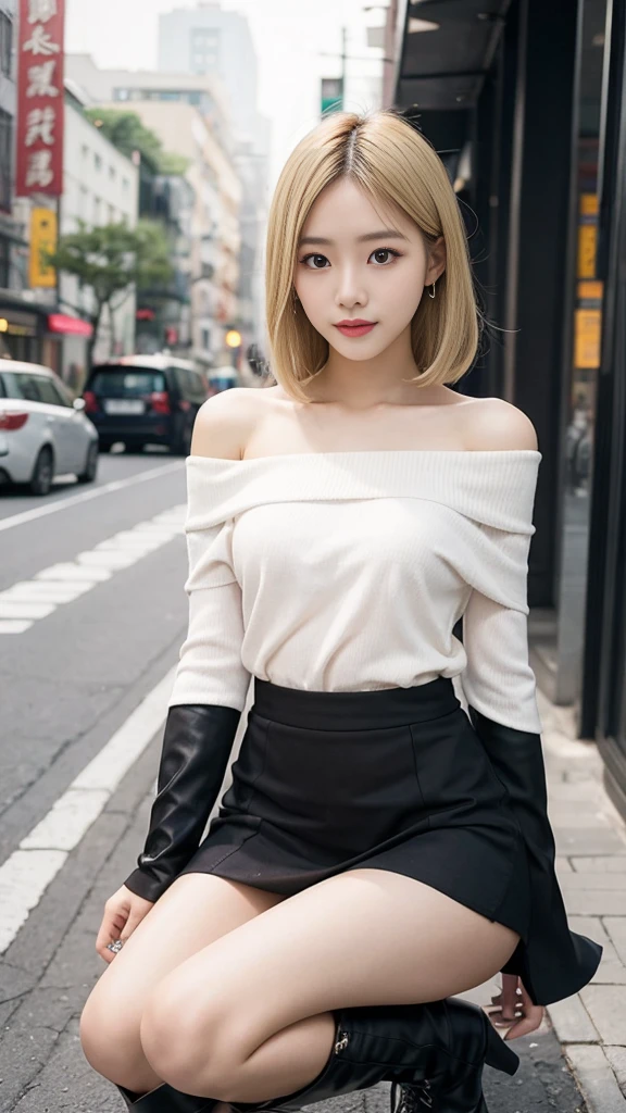 Taiwanese women，Female Model，transsexual ，Slim，Good shape，HD， off-shoulder shirts , mini skirt，Knee-high boots，blond