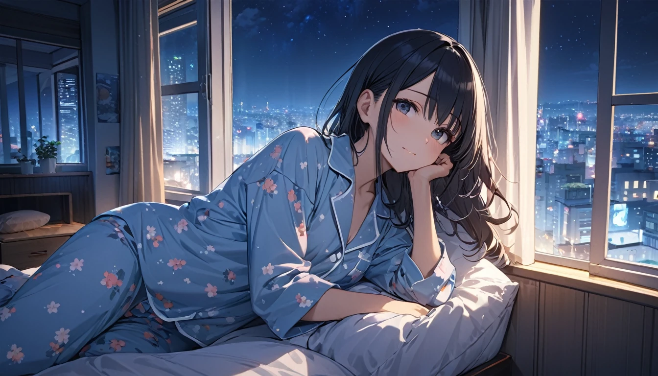 (Highest quality), Girl resting in a room,pajamas,Large windows,Night view