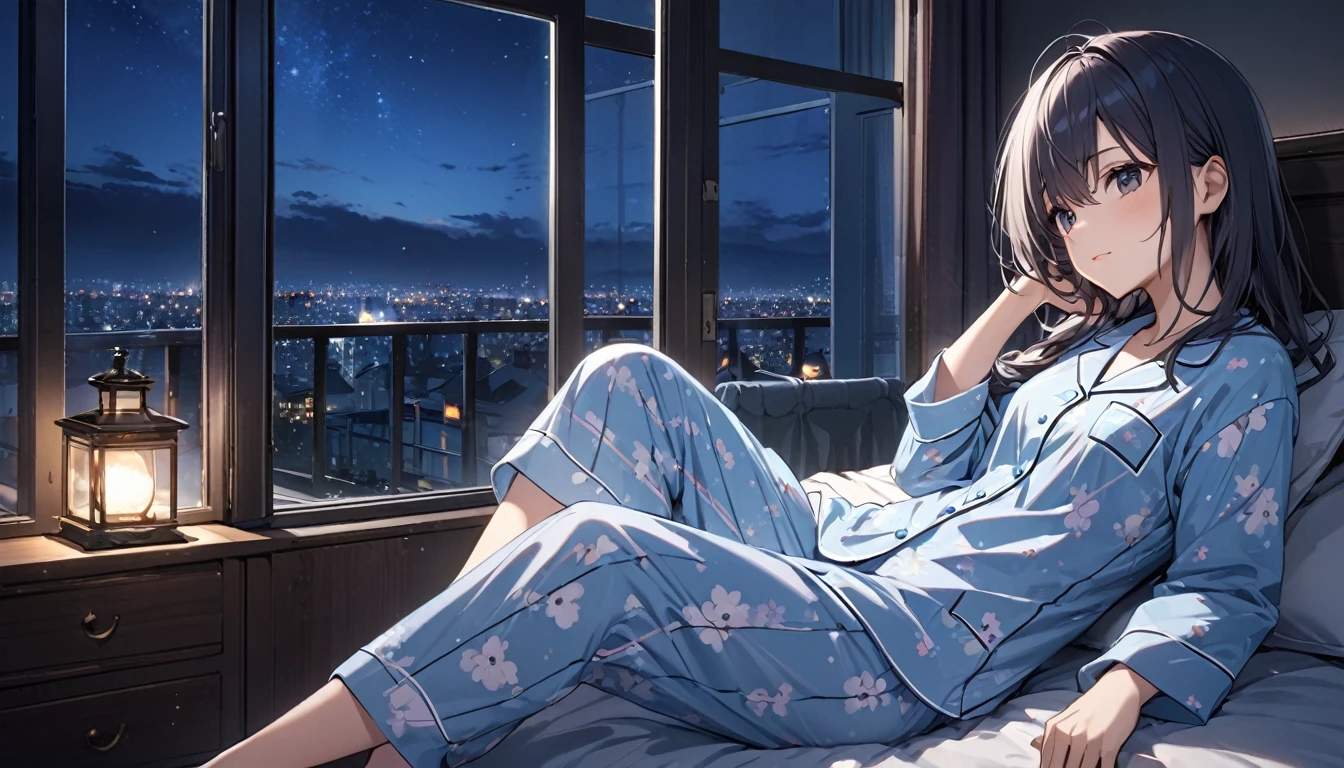 (Highest quality), Girl resting in a room,pajamas,Large windows,Night view