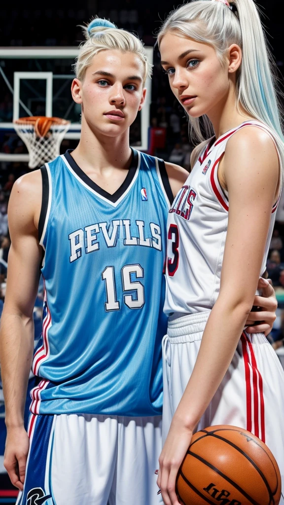 female teenager with white hair up , light blue eyes and white skin, basketball player holding his partner