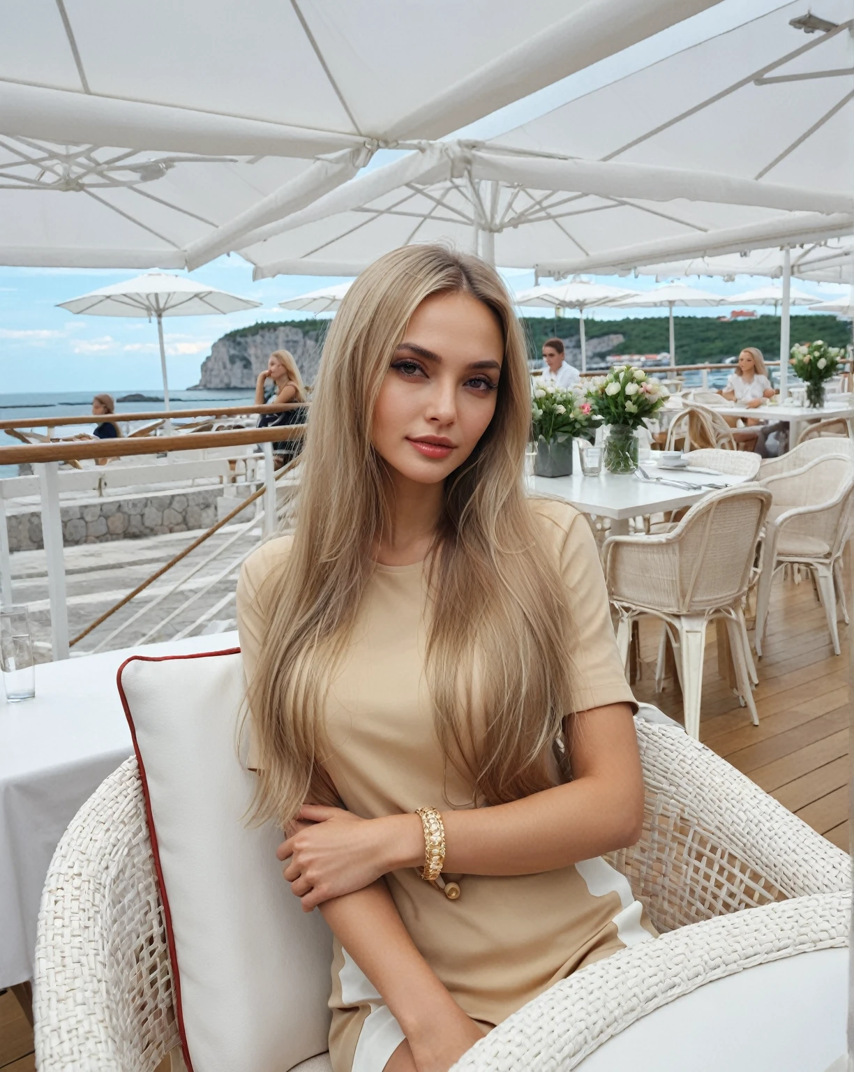Blonde woman sitting on a chair in a restaurant overlooking the ocean., Angelina Stroganova, Victoria Gavrilenko, with long blonde hair, Alina Ivánchenko, Anastasia Ovchinnikova, brunette with dyed blonde hair, Aleksandra Waliszewska, Julia Gorokhova, Style of Julia Razumova, ekaterina