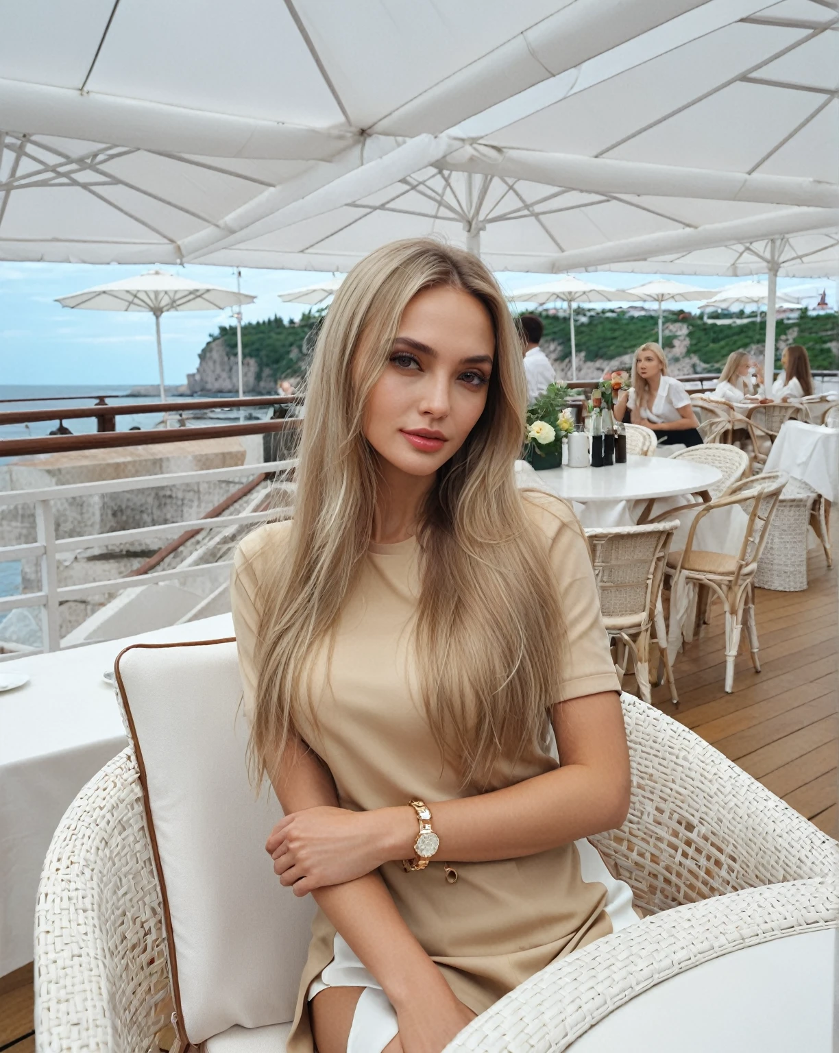 Blonde woman sitting on a chair in a restaurant overlooking the ocean., Angelina Stroganova, Victoria Gavrilenko, with long blonde hair, Alina Ivánchenko, Anastasia Ovchinnikova, brunette with dyed blonde hair, Aleksandra Waliszewska, Julia Gorokhova, Style of Julia Razumova, ekaterina