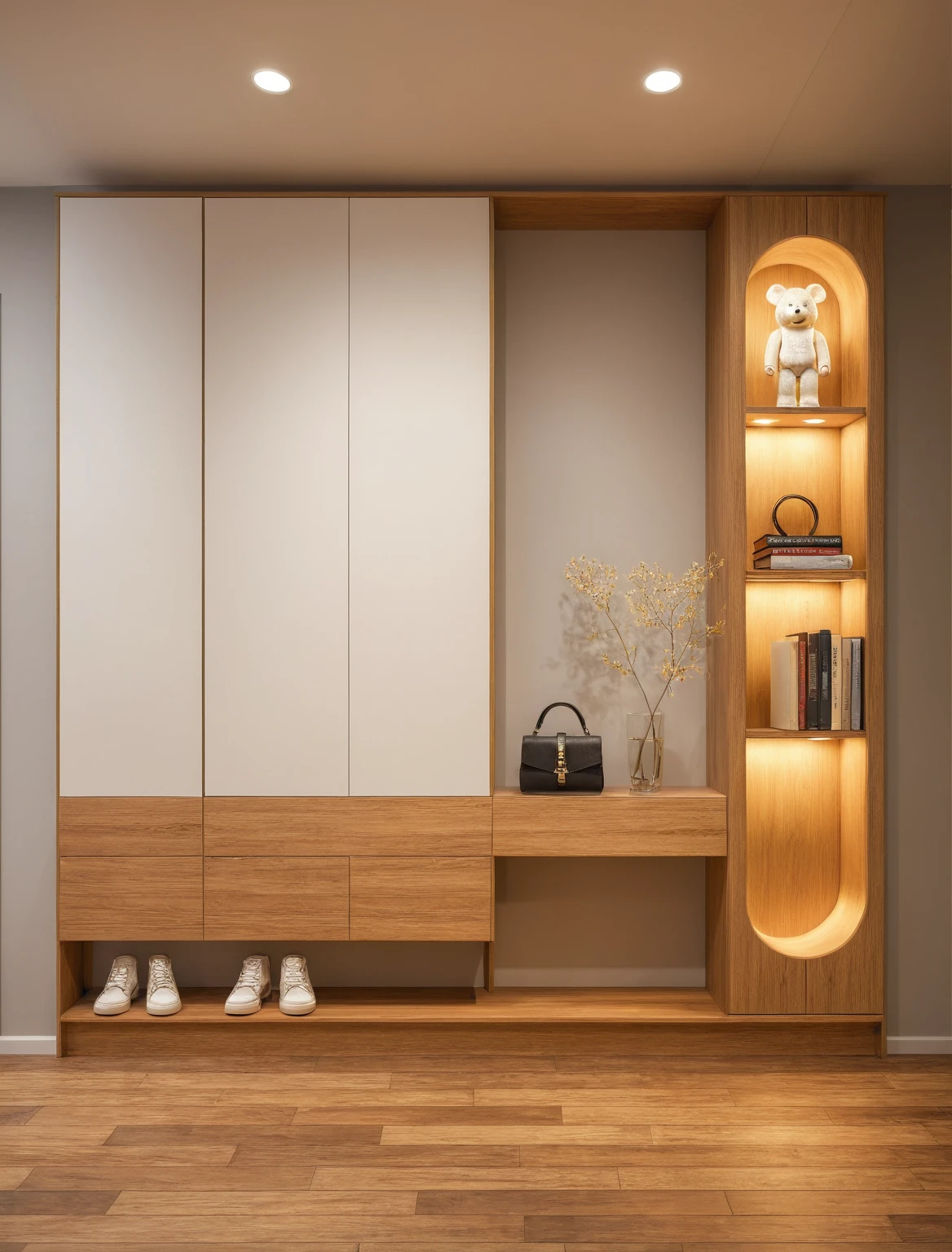 Raw photo,Masterpiece, high quality, best quality, authentic, super detail, interior, shoes Cabinet style modern , sunset, daylight, shoe cabinets, decorative cabinets, flower vases, decorations, books, wooden floor, handbags, shoes, bearbrick, 