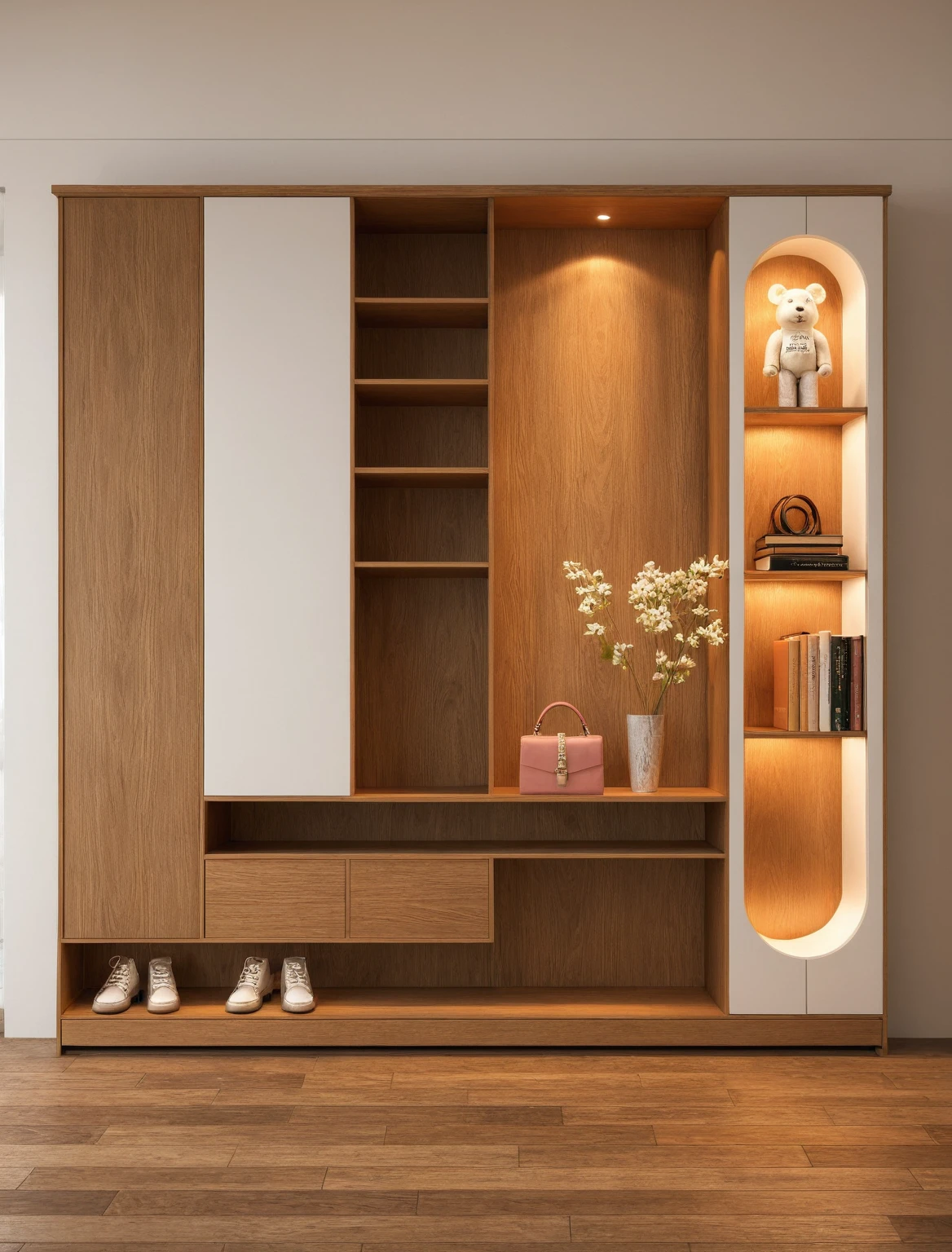 Raw photo,Masterpiece, high quality, best quality, authentic, super detail, interior, shoes Cabinet style modern , sunset, daylight, shoe cabinets, decorative cabinets, flower vases, decorations, books, wooden floor, handbags, shoes, bearbrick,
