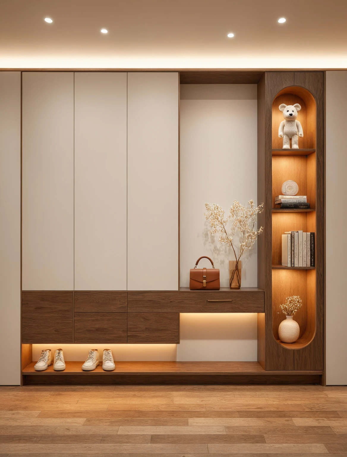 Raw photo,Masterpiece, high quality, best quality, authentic, super detail, interior, shoes Cabinet style modern , sunset, daylight, shoe cabinets, decorative cabinets, flower vases, decorations, books, wooden floor, handbags, shoes, bearbrick, 