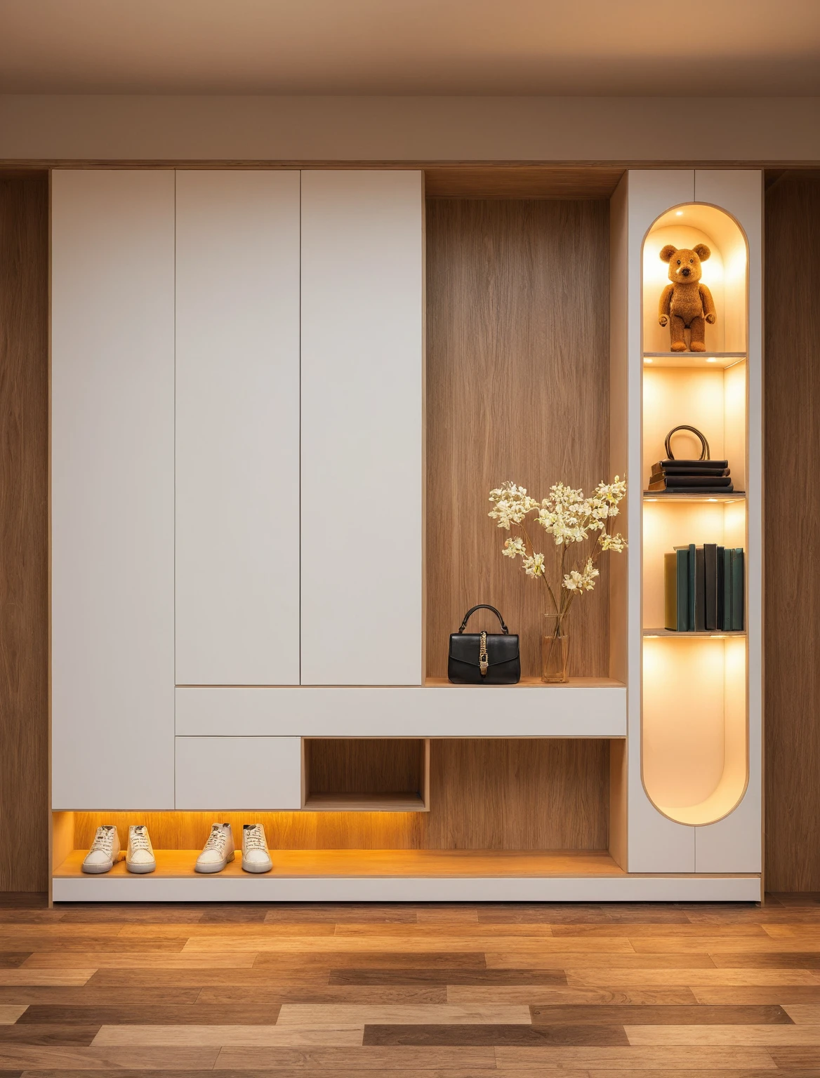 Raw photo,Masterpiece, high quality, best quality, authentic, super detail, interior, shoes Cabinet style modern , sunset, daylight, shoe cabinets, decorative cabinets, flower vases, decorations, books, wooden floor, handbags, shoes, bearbrick,