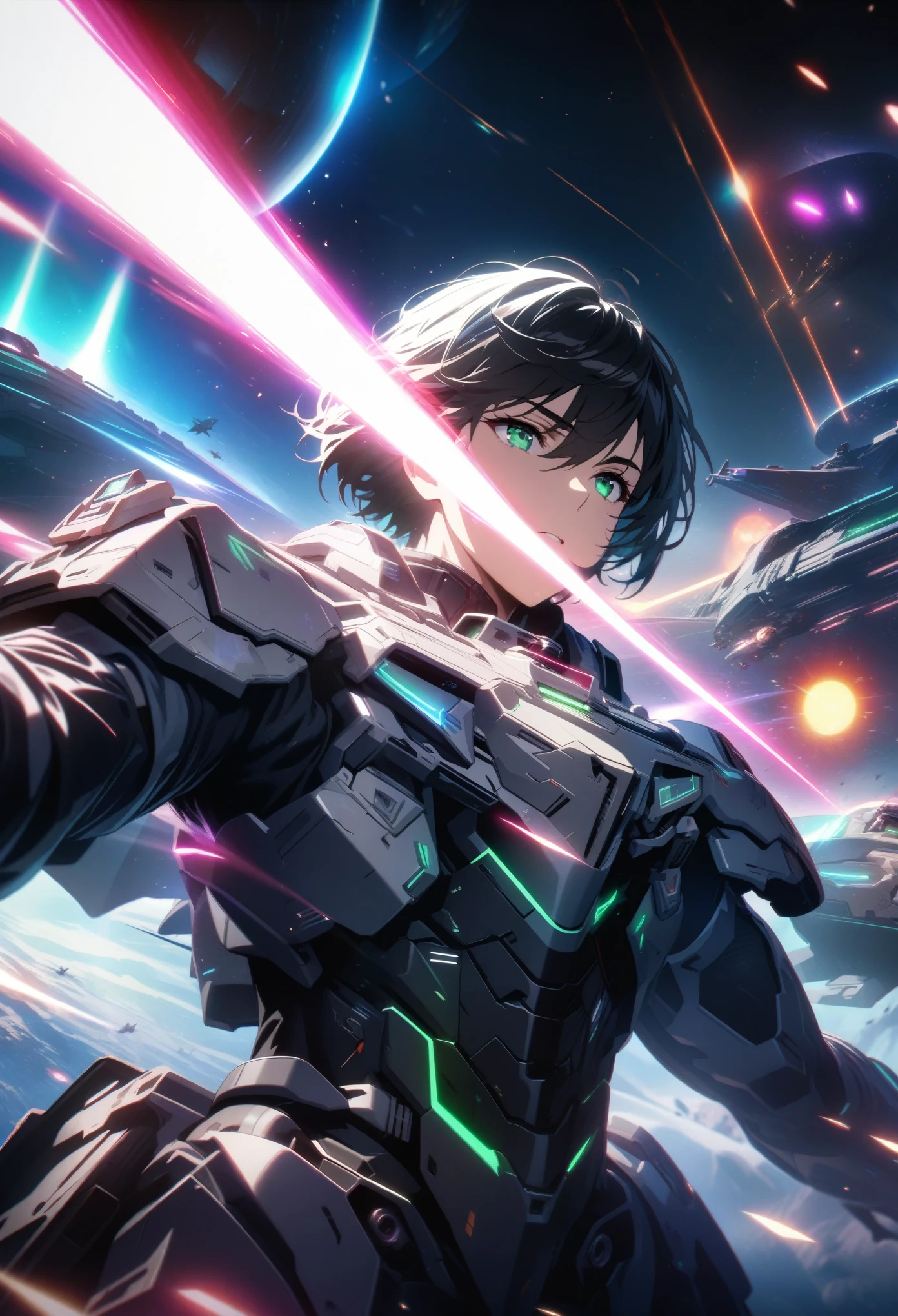 Masterpiece, Best Quality, Super Detailed, High Definition, Expensive Resolution, HDR, Super Detailed CG, Beautiful Details, Depth, Fine Texture, Super Fine, Complete concentration, male Space Force, Handsome man, short hair, black hair, emerald eyes, silver neon armor, (holding a laser gun), Cold face and eyes, futuristic, ethereal atmosphere, glowing planets, war, magical glow, intricate details, volumetric lighting, iridescent colors, glowing lighting, atmospheric lighting, lens flare, Cinematic light, colorful light, particles, black and white colors schemes, sci-fi space battle, Space War, spaceship in background, 