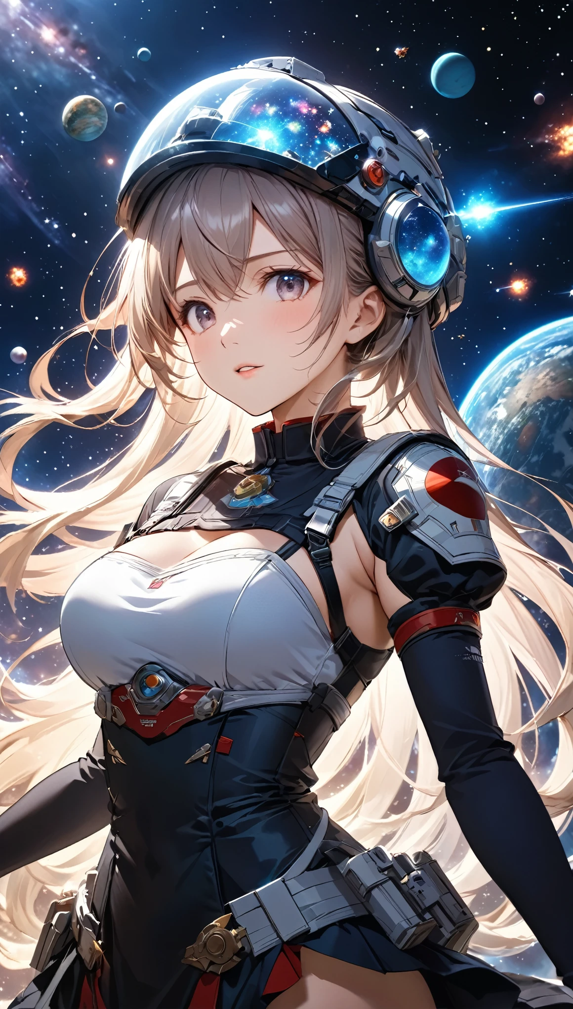 Highest quality, Highest quality, 16K, Unbelievably absurd, Very detailed, 2.5D, delicate and dynamic, universe, planet, war, universe戦艦ヤマト, 鮮やかな色のplanet, Tiny faint lights and colorful meteors, space ships, universeステーション, Very delicate facial expressions, Delicate eye depiction, Upper body close-up,, erotic, dynamic sexy poses, Only sexy women, Healthy body shape, 22-year-old woman, Commander, Height: 170cm, Large, firm, swaying bust, Clear glass helmet, クリスタルの半透明のuniverse服, gun, 複雑な構造のuniverse服, カラフルなuniverse服, Movie battle scenes