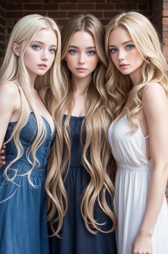 A blonde girl with blue eyes, another white girl with long hair and the other with wavy hair but a brunette.