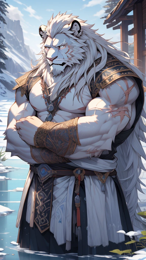 (masterpiece),(highres),(intricate details:1.4),extremely detailed,(illustration:1.2),8k,photorealistic,exquisite,solo,aged,elder male lion ,muscular,swordsman,manhood ,safeguard,(white hair:1.3),long hair,long white beard,scar,badly damaged,hurt,broken body ,the icey frozen lake,bleeding ,suffering,naked body ,hugging