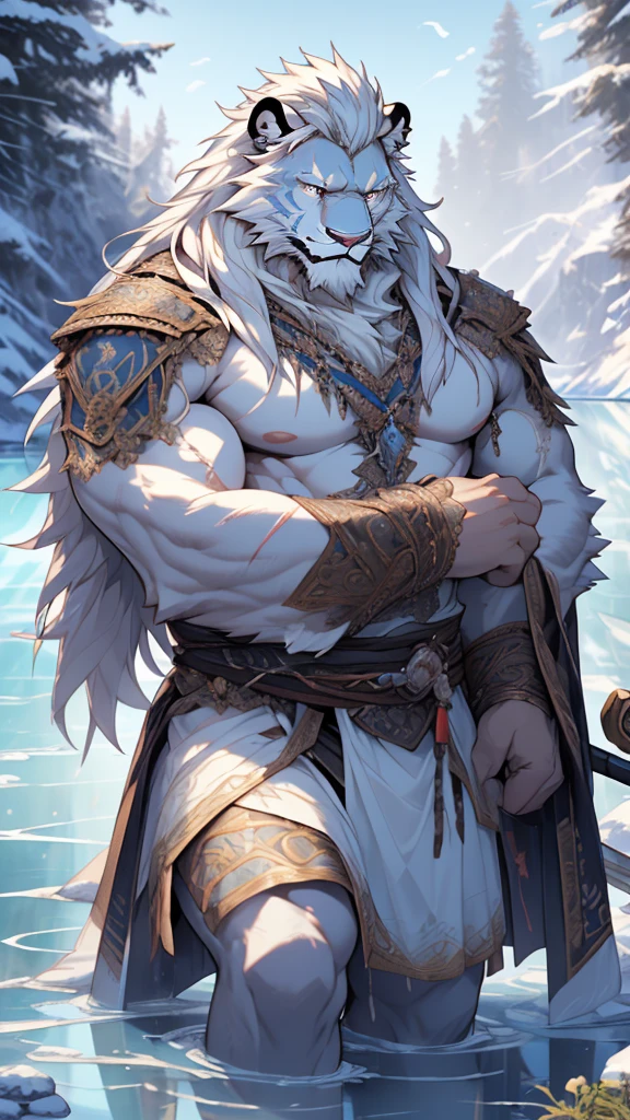 (masterpiece),(highres),(intricate details:1.4),extremely detailed,(illustration:1.2),8k,photorealistic,exquisite,solo,aged,elder male lion ,muscular,swordsman,manhood ,safeguard,(white hair:1.3),long hair,long white beard,scar,badly damaged,hurt,broken body ,the icey frozen lake,bleeding ,suffering,naked body ,hugging