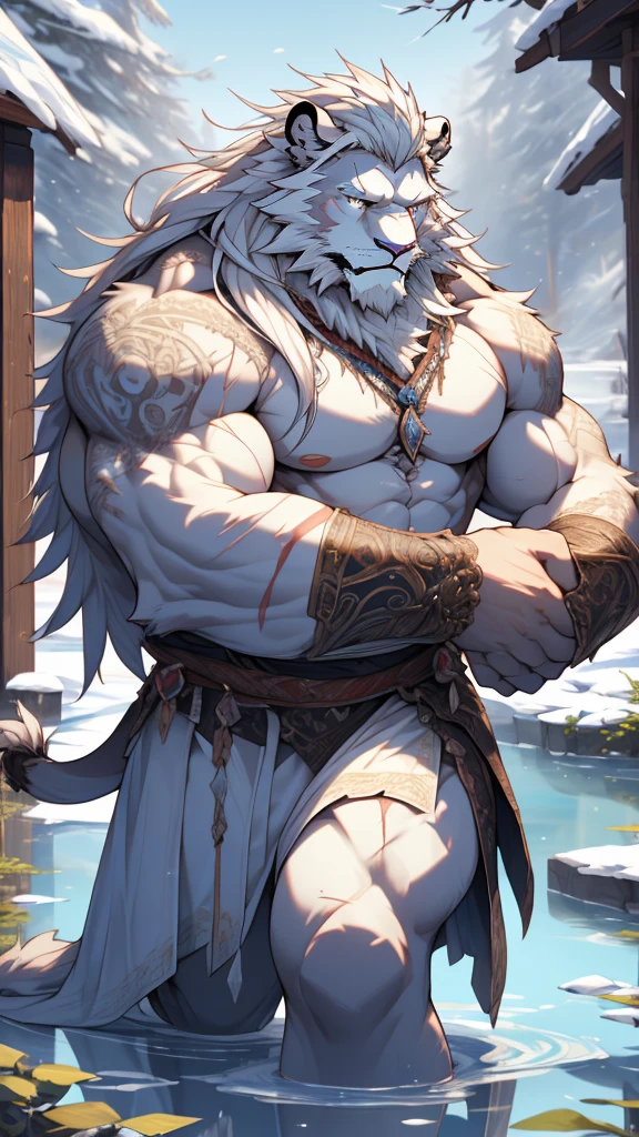 (masterpiece),(highres),(intricate details:1.4),extremely detailed,(illustration:1.2),8k,photorealistic,exquisite,solo,aged,elder male lion ,muscular,swordsman,manhood ,safeguard,(white hair:1.3),long hair,long white beard,scar,badly damaged,hurt,broken body ,the icey frozen lake,bleeding ,suffering,naked body ,hugging