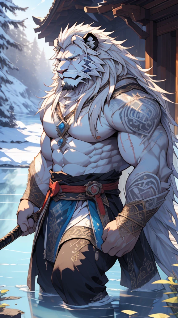 (masterpiece),(highres),(intricate details:1.4),extremely detailed,(illustration:1.2),8k,photorealistic,exquisite,solo,aged,elder male lion ,muscular,swordsman,manhood ,safeguard,(white hair:1.3),long hair,long white beard,scar,badly damaged,hurt,broken body ,the icey frozen lake,bleeding ,suffering,naked body