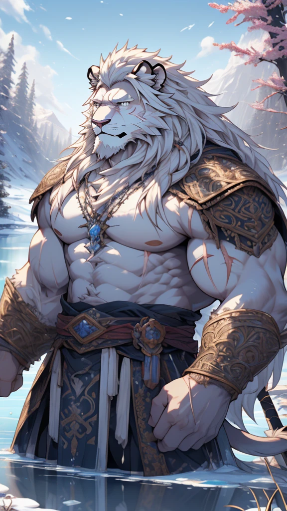 (masterpiece),(highres),(intricate details:1.4),extremely detailed,(illustration:1.2),8k,photorealistic,exquisite,solo,aged,elder male lion ,muscular,swordsman,manhood ,safeguard,(white hair:1.3),long hair,long white beard,scar,badly damaged,hurt,broken body ,the icey frozen lake,bleeding ,suffering,naked body
