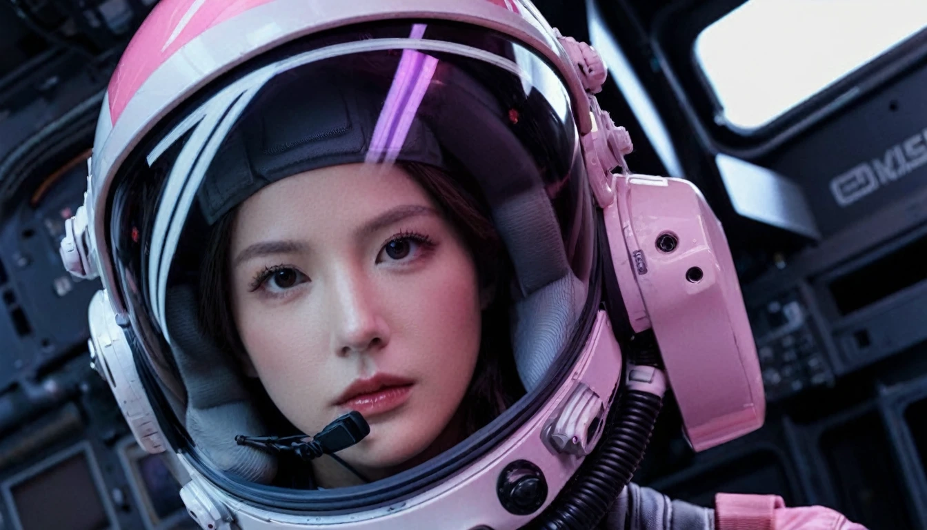 One girl, (Beautiful Face), Female fighter jet pilot, Holding a pilot pink helmet with LED interactive screen and HUD head up display on the visor, Visor-displayed targeting system, Communication Systems, Open the visor, Sexy pose, Floating Hair, Are standing, (Upper thigh shot:1.3), DT Helmets, Pink combat suit, Advanced Fighter Background, (Intricate details), High resolution, (Intricate details, Ultra-detailed:1.2), Cinematic shots, ((masterpiece, high quality, 最high quality, Official Art, Beautiful and aesthetic, Detailed face, Fine grain)),