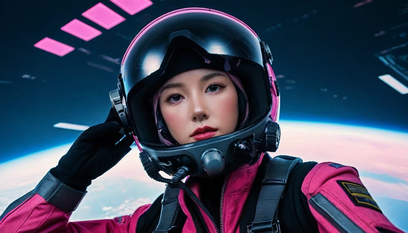 One girl, (Beautiful Face), Female fighter jet pilot, Holding a pilot pink helmet with LED interactive screen and HUD head up display on the visor, Visor-displayed targeting system, Communication Systems, Open the visor, Sexy pose, Floating Hair, Are standing, (Upper thigh shot:1.3), DT Helmets, Pink combat suit, Advanced Fighter Background, (Intricate details), High resolution, (Intricate details, Ultra-detailed:1.2), Cinematic shots, ((masterpiece, high quality, 最high quality, Official Art, Beautiful and aesthetic, Detailed face, Fine grain)),