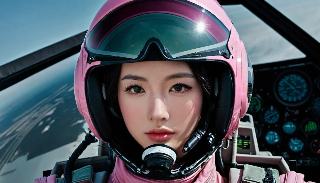 One girl, (Beautiful Face), Female fighter jet pilot, Holding a pilot pink helmet with LED interactive screen and HUD head up display on the visor, Visor-displayed targeting system, Communication Systems, Open the visor, Sexy pose, Floating Hair, Are standing, (Upper thigh shot:1.3), DT Helmets, Pink combat suit, Advanced Fighter Background, (Intricate details), High resolution, (Intricate details, Ultra-detailed:1.2), Cinematic shots, ((masterpiece, high quality, 最high quality, Official Art, Beautiful and aesthetic, Detailed face, Fine grain)),