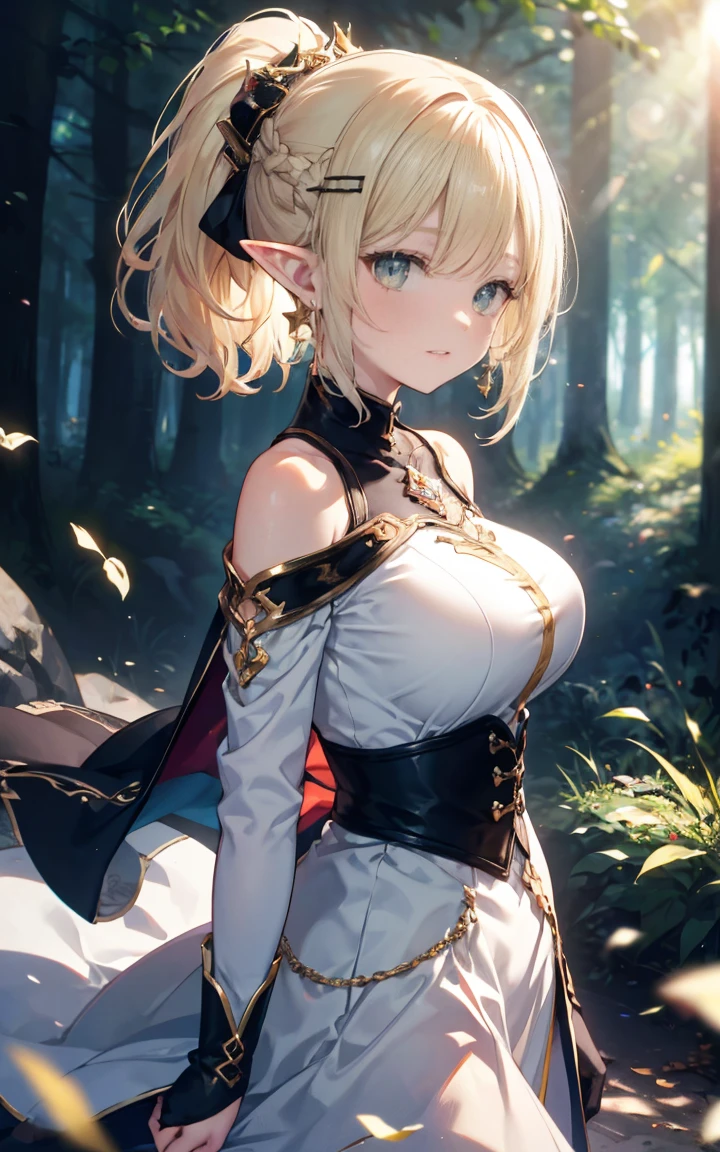 3 girls, (wavy ponytail, hair above shoulder, My hair is very long., My hair is very thick.), Green and blonde hair color, (Beautifully detailed eyes, green and gold eyes, star shaped pupil, Diamond-shaped pupils), elf ears, Forest location, around tall trees, smile, fun , big breast, rift, Crescent moon earrings, student, High Elf Clothes, (Beautifully detailed jewel-encrusted leather cover.), (flower hair clip), Violation of lens flare, Chromatic aberration, Highly detailed, anime, Romantic style, OP Art, depth of field, Motion blurred image, glowing light, Film texture, UHD, retina, correct, Masterpiece, correctตามหลักกายวิภาค, textured skin, Awesome details, Highly detaileds, High quality, won, best quality, height, 16K, Hands behind your back.