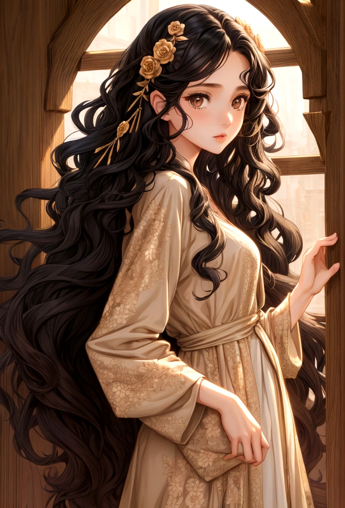 girl, YOUNG, Women, long curly black hair, long hair, curly hair, Brown eyes, hazel eyes, pale skin, clothing dress, flores, light brown eyes.