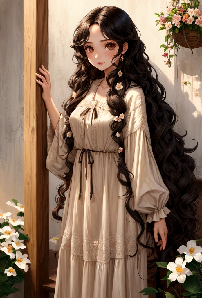 girl, YOUNG, Women, long curly black hair, long hair, curly hair, Brown eyes, hazel eyes, pale skin, clothing dress, flores, light brown eyes.