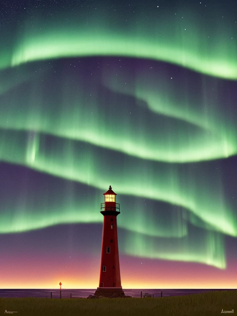 a cartoon lighthouse with a bright green aurora behind it, calm night. digital illustration, art of alena aenami, by Alena Aenami, glowing lights! digital painting, by Anna Haifisch, with aurora borealis in the sky, beautiful illustration, artistic. alena aenami, by Atey Ghailan, very coherent stylized artwork