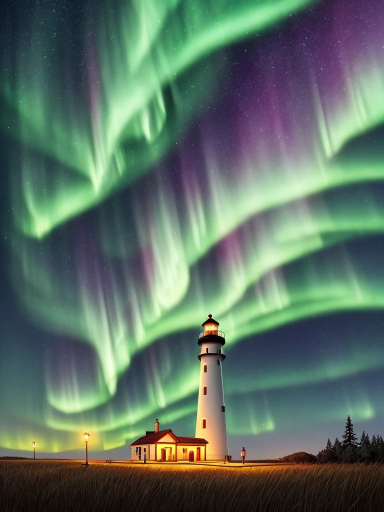 a cartoon lighthouse with a bright green aurora behind it, concept art by Alena Aenami, trending on cgsociety, conceptual art, calm night. digital illustration, art of alena aenami, glowing lights! digital painting, with aurora borealis in the sky, beautiful illustration, artistic. alena aenami, very coherent stylized artwork, dreamy illustration