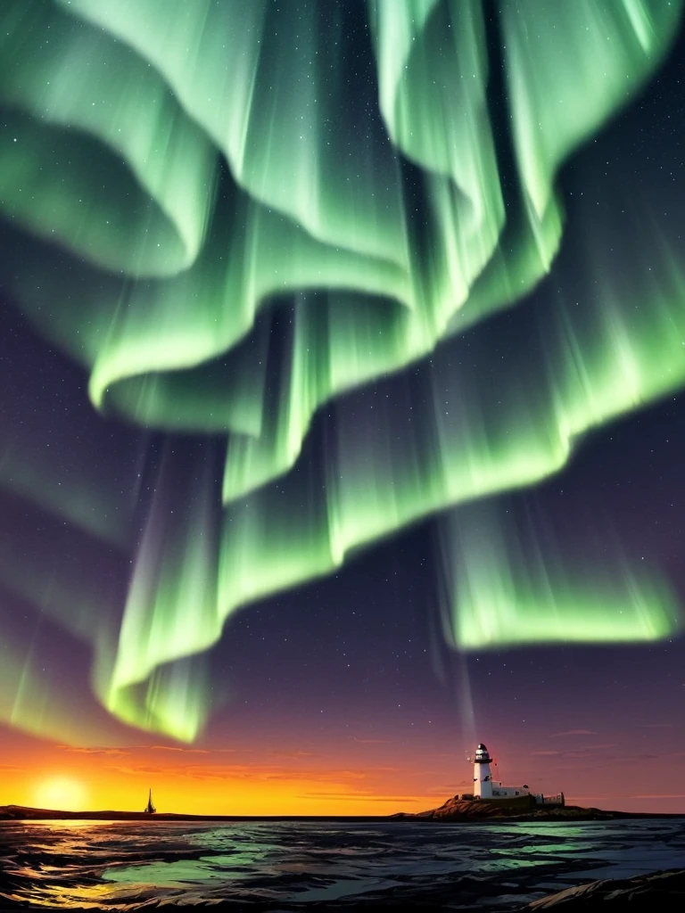 a cartoon lighthouse with a bright green aurora behind it, calm night. digital illustration, art of alena aenami, by Alena Aenami, glowing lights! digital painting, by Anna Haifisch, with aurora borealis in the sky, beautiful illustration, artistic. alena aenami, by Atey Ghailan, very coherent stylized artwork