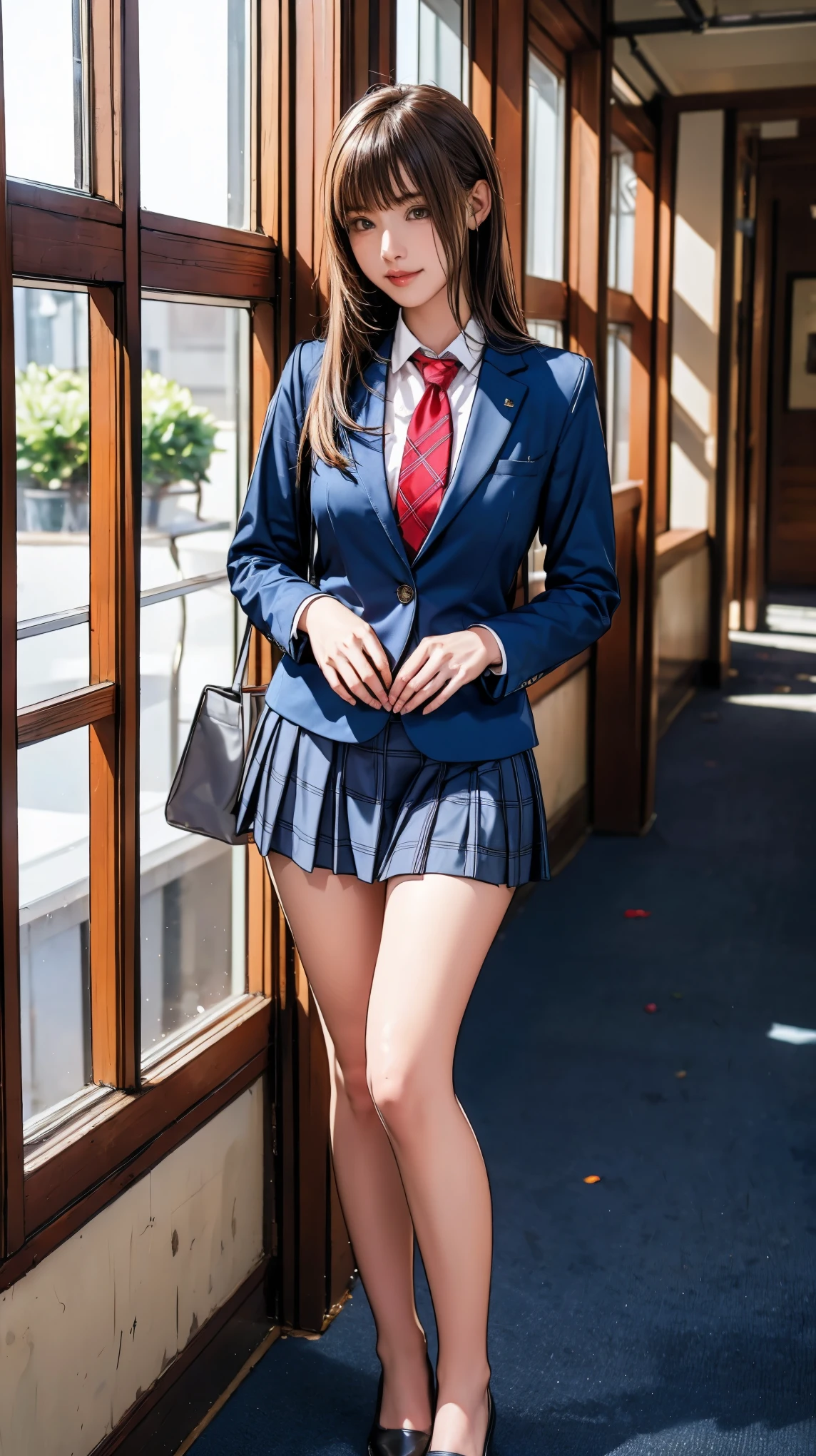 ((masterpiece)),(((Highest quality))),Thin thighs,Long legs,Girl standing in school corridor,Red Tie Uniform,Dark Blue Blazer,Blue plaid skirt,18-year-old,bangs,A small smile,Random Pause，pretty girl，Slender girl，セクシーRandom Pause:1.2
