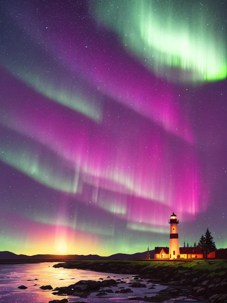 a cartoon lighthouse with a bright green aurora behind it, concept art by Alena Aenami, trending on cgsociety, conceptual art, calm night. digital illustration, art of alena aenami, glowing lights! digital painting, with aurora borealis in the sky, beautiful illustration, artistic. alena aenami, very coherent stylized artwork, dreamy illustration