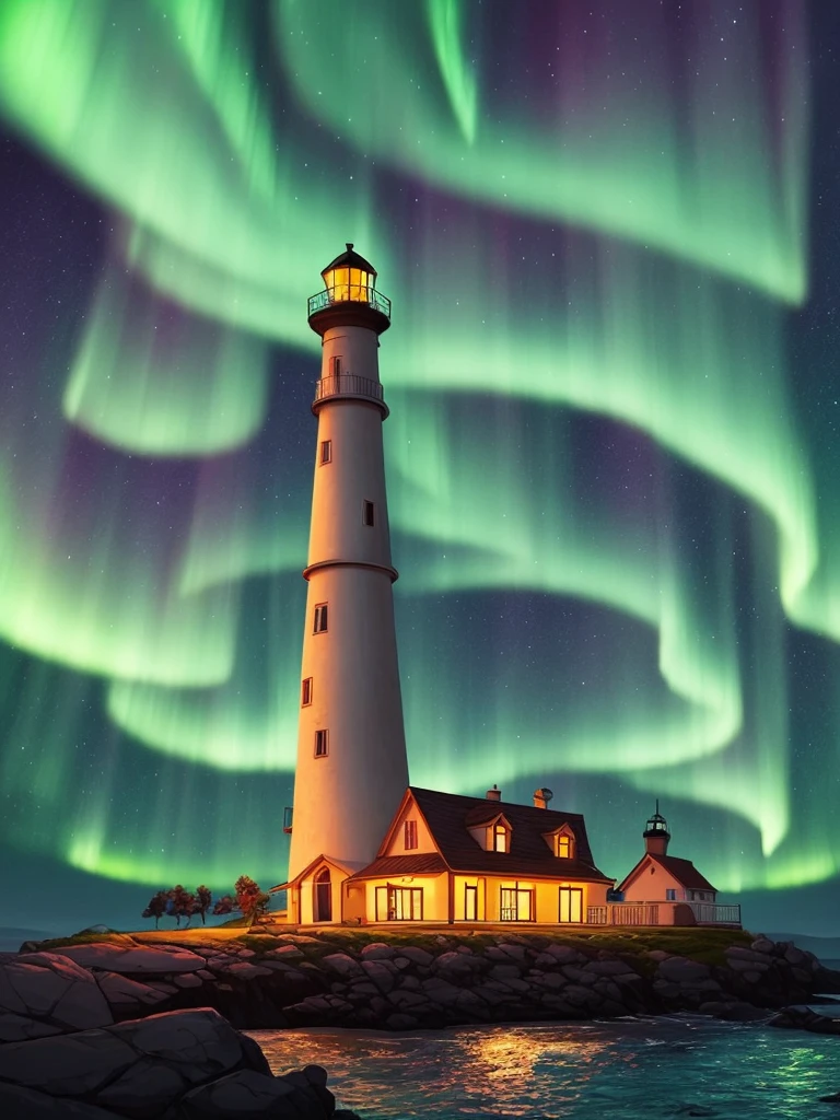 a cartoon lighthouse with a bright green aurora behind it, concept art by Alena Aenami, trending on cgsociety, conceptual art, calm night. digital illustration, art of alena aenami, glowing lights! digital painting, with aurora borealis in the sky, beautiful illustration, artistic. alena aenami, very coherent stylized artwork, dreamy illustration