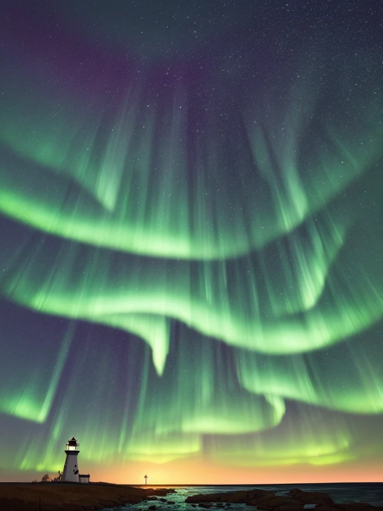 a cartoon lighthouse with a bright green aurora behind it, concept art by Alena Aenami, trending on cgsociety, conceptual art, calm night. digital illustration, art of alena aenami, glowing lights! digital painting, with aurora borealis in the sky, beautiful illustration, artistic. alena aenami, very coherent stylized artwork, dreamy illustration