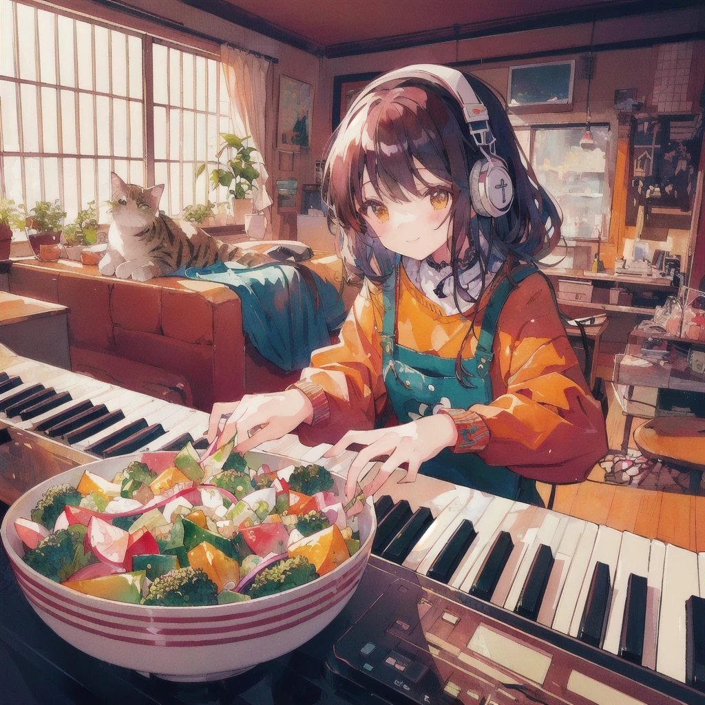 Anime girl playing piano with a bowl of vegetable salad and a cat, smile,80s atmosphere,Lo-fi Girl, Lofi Art, Portrait of Rofi, Lofi Artstyle, Lofi Color, Cool vibes, Anime Style 4k, Anime atmosphere, Cool vibe, lofi album art, Chill Hop, Lo-fi feeling, Lo-fi art, Lo-fi Girl aesthetic
