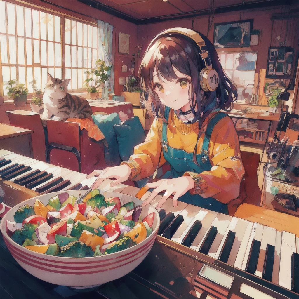Anime girl playing piano with a bowl of vegetable salad and a cat, smile,80s atmosphere,Lo-fi Girl, Lofi Art, Portrait of Rofi, Lofi Artstyle, Lofi Color, Cool vibes, Anime Style 4k, Anime atmosphere, Cool vibe, lofi album art, Chill Hop, Lo-fi feeling, Lo-fi art, Lo-fi Girl aesthetic
