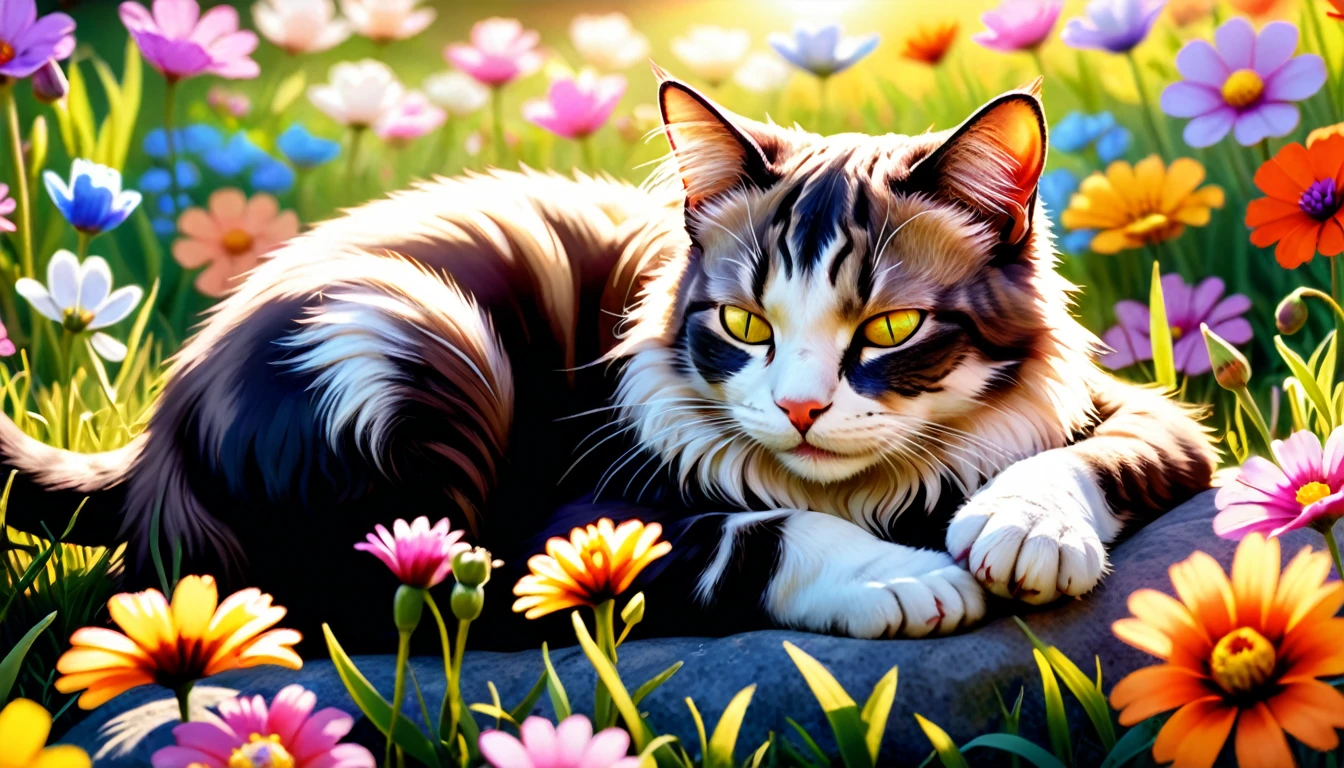 C4tt4stic, (photography film style), anthropomorphic, cute Cat Napping in a Flower Field, Colorful flowers, soft grass, a small pillow for the cat, cute bright flower field with sunlight streaming in, Lying down with eyes closed, looking content and peaceful, Relaxation and tranquility in nature, 2D, colorful, warm atmosphere, shiny