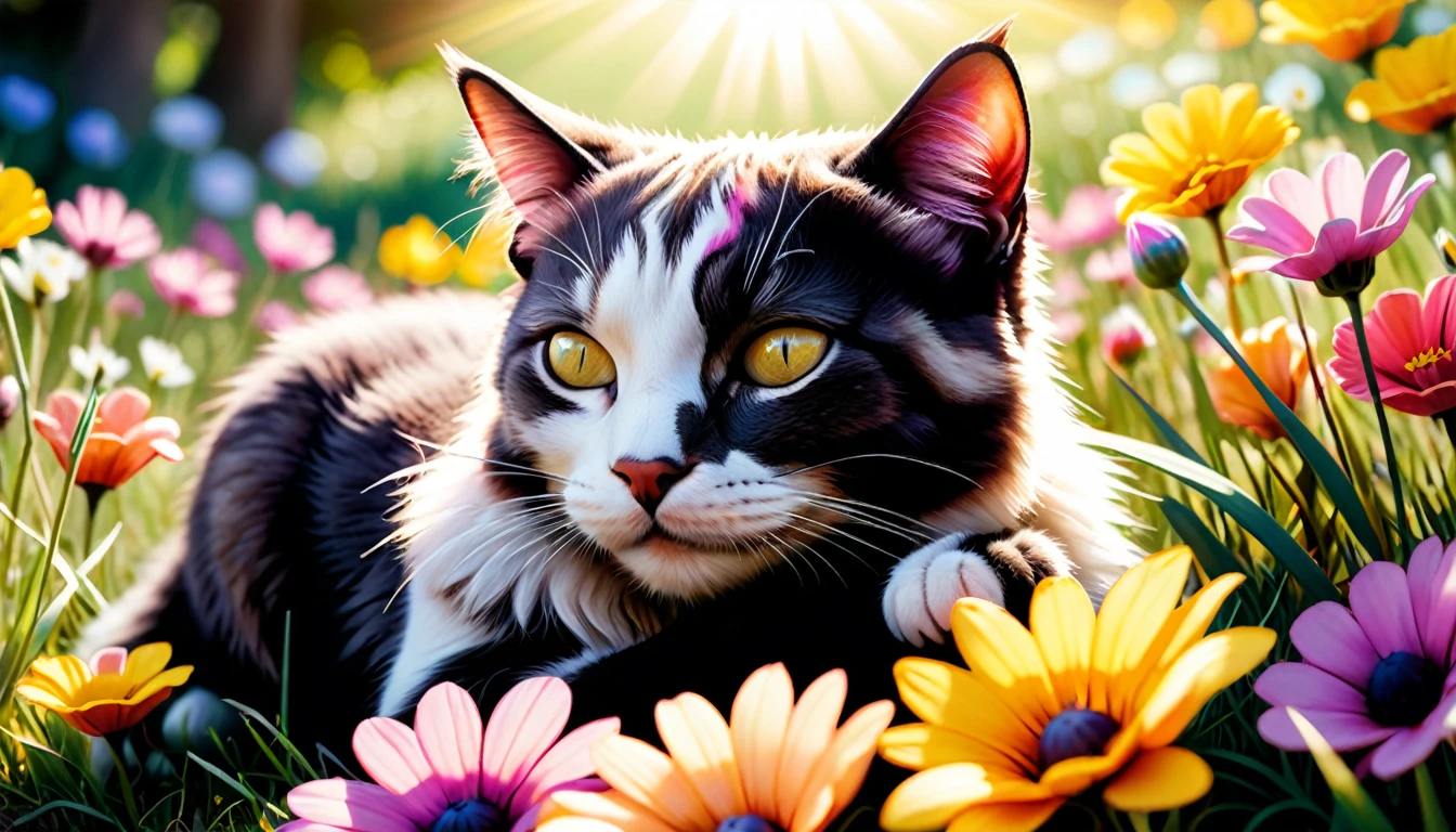 C4tt4stic, (photography film style), anthropomorphic, cute Cat Napping in a Flower Field, Colorful flowers, soft grass, a small pillow for the cat, cute bright flower field with sunlight streaming in, Lying down with eyes closed, looking content and peaceful, Relaxation and tranquility in nature, 2D, colorful, warm atmosphere, shiny