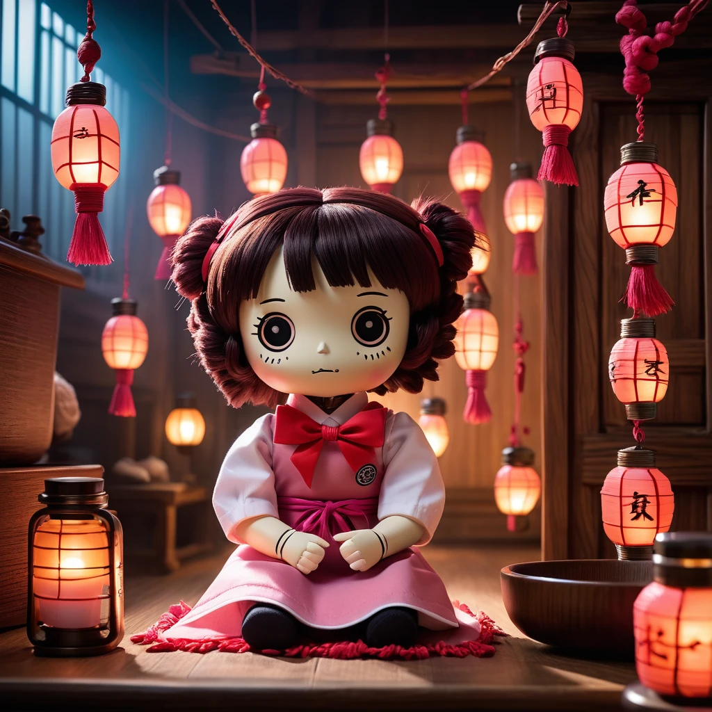 (knitted toy voodoo doll:2.0), (voodoo doll in the image of Chihiro Ogino from Spirited Away:1.3), (clothing: pink work uniform with white apron and red bow:1.0), (accessories: enchanted bath token that emits a soft glow, floating soot perfume:1.1), (background: mystical bathhouse with lanterns, ornate architecture and otherworldly atmosphere:1.2), best quality, masterpiece, detailed soft oil painting, detailed background, dramatic cinematic lighting, soft edge lighting, professional, dramatic lighting, hard edge lighting, ultra quality, 4k,masterpiece, best quality, 8k, ultra highres, highres, extremely detailed