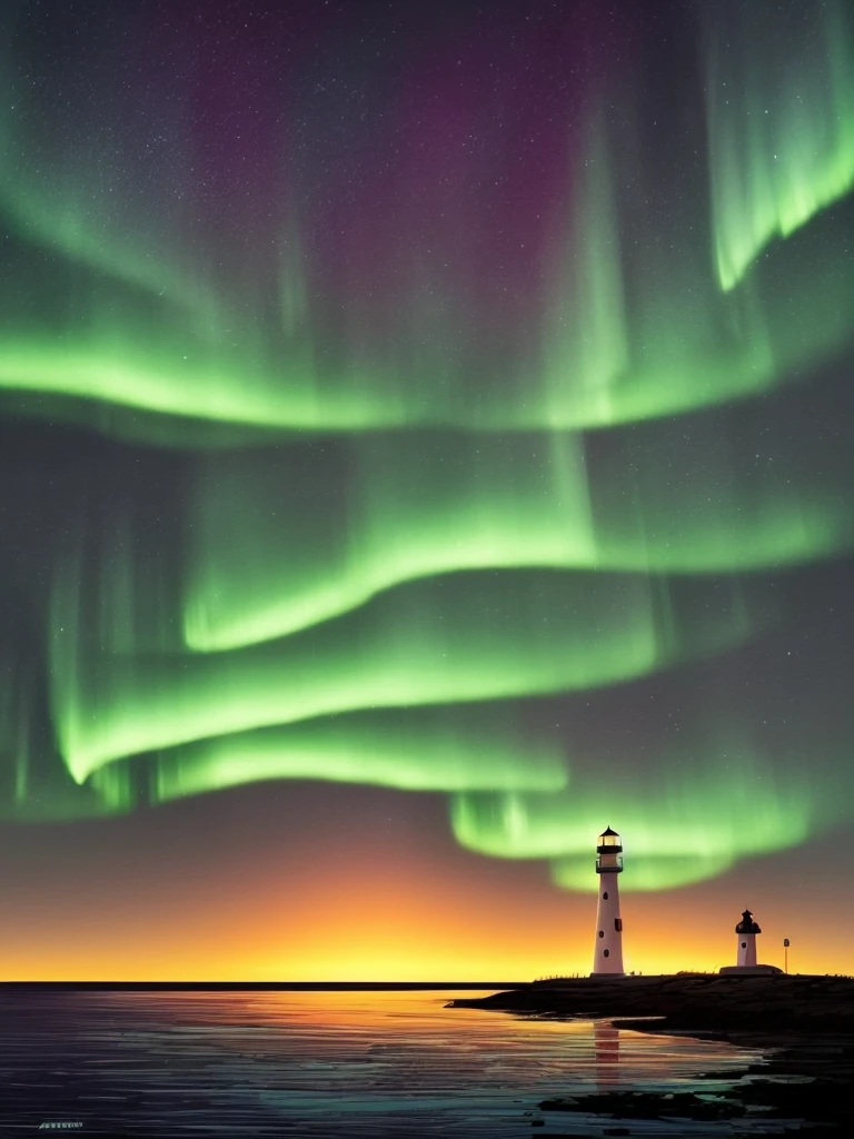 a cartoon lighthouse with a bright green aurora behind it, concept art by Alena Aenami, trending on cgsociety, conceptual art, calm night. digital illustration, art of alena aenami, glowing lights! digital painting, with aurora borealis in the sky, beautiful illustration, artistic. alena aenami, very coherent stylized artwork, dreamy illustration