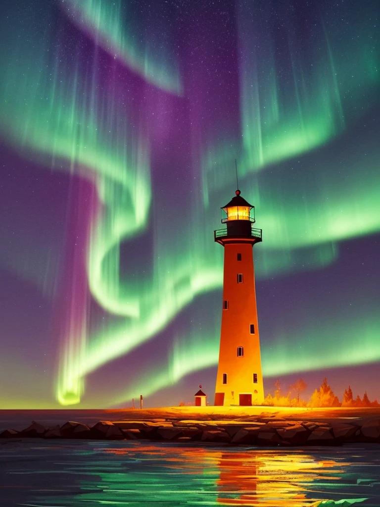 a cartoon lighthouse with a bright green aurora behind it, concept art by Alena Aenami, trending on cgsociety, conceptual art, calm night. digital illustration, art of alena aenami, glowing lights! digital painting, with aurora borealis in the sky, beautiful illustration, artistic. alena aenami, very coherent stylized artwork, dreamy illustration
