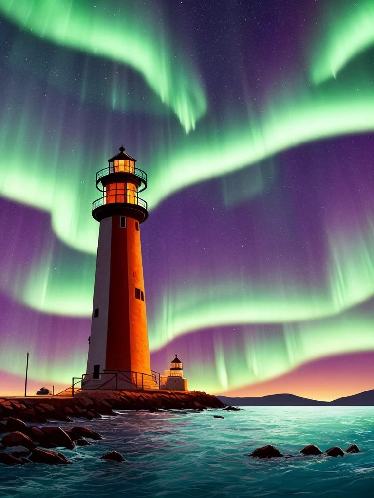 a cartoon lighthouse with a bright green aurora behind it, concept art by Alena Aenami, trending on cgsociety, conceptual art, calm night. digital illustration, art of alena aenami, glowing lights! digital painting, with aurora borealis in the sky, beautiful illustration, artistic. alena aenami, very coherent stylized artwork, dreamy illustration