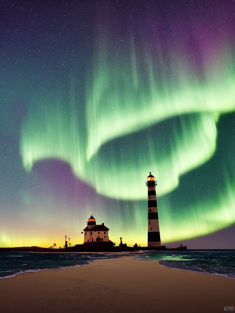 a cartoon lighthouse with a bright green aurora behind it, concept art by Alena Aenami, trending on cgsociety, conceptual art, calm night. digital illustration, art of alena aenami, glowing lights! digital painting, with aurora borealis in the sky, beautiful illustration, artistic. alena aenami, very coherent stylized artwork, dreamy illustration