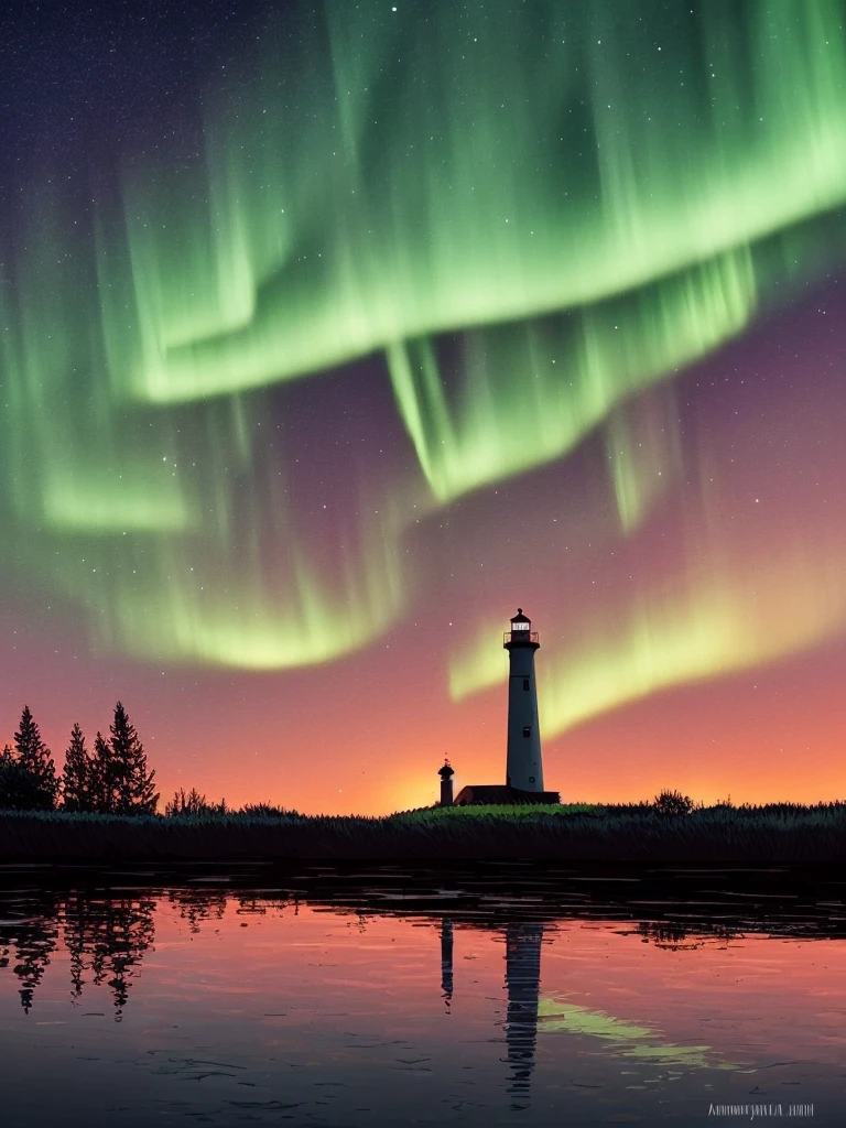 a cartoon lighthouse with a bright green aurora behind it, concept art by Alena Aenami, trending on cgsociety, conceptual art, calm night. digital illustration, art of alena aenami, glowing lights! digital painting, with aurora borealis in the sky, beautiful illustration, artistic. alena aenami, very coherent stylized artwork, dreamy illustration
