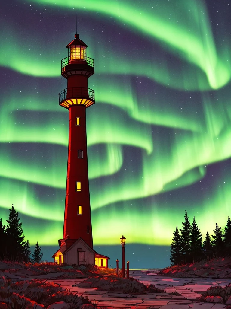 a cartoon lighthouse with a bright green aurora behind it, calm night. digital illustration, art of alena aenami, by Alena Aenami, glowing lights! digital painting, by Anna Haifisch, with aurora borealis in the sky, beautiful illustration, artistic. alena aenami, by Atey Ghailan, very coherent stylized artwork