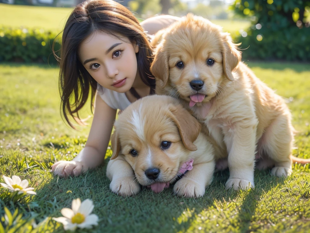 a group of adorable puppies, (best quality,4k,8k,highres,masterpiece:1.2),ultra-detailed,(realistic,photorealistic,photo-realistic:1.37),puppies playing in a grassy field, extremely detailed fur texture, cute puppy faces, big eyes, small noses, tiny pink tongues, puppies tumbling over each other, playful puppy expressions, bright sunny day, lush green grass, flowers blooming, warm golden hour lighting, vibrant colors, (soft lighting,natural lighting:1.2),depth of field, (masterpiece,intricate details:1.25),adorable puppies,cute dogs