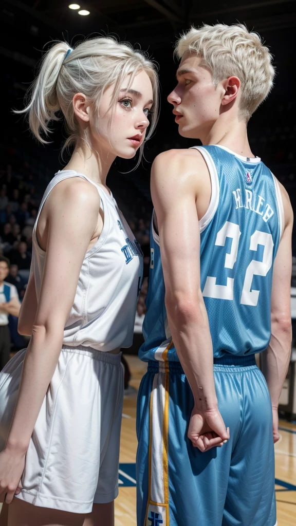 female teenager with white hair up , light blue eyes and white skin, basketball player holding his partner