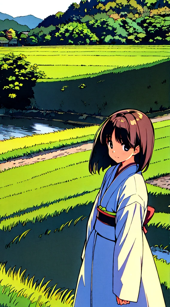 Japanese summer nostalgic nature rice field a girl stands on the side of the road