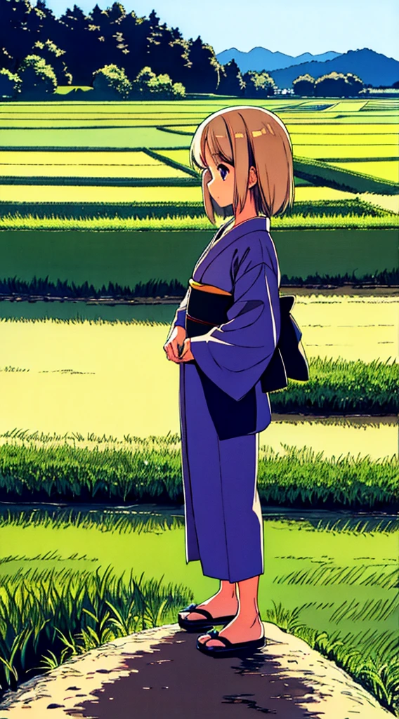 Japanese summer nostalgic nature rice field a girl stands on the side of the road