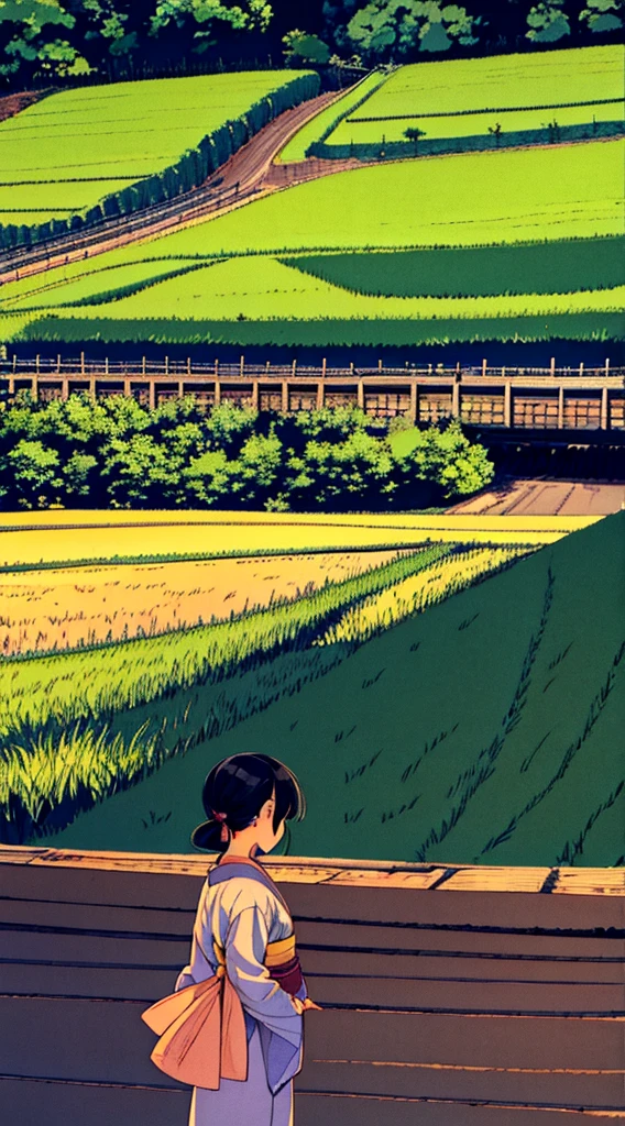 Japanese summer nostalgic nature rice field a girl stands on the side of the road