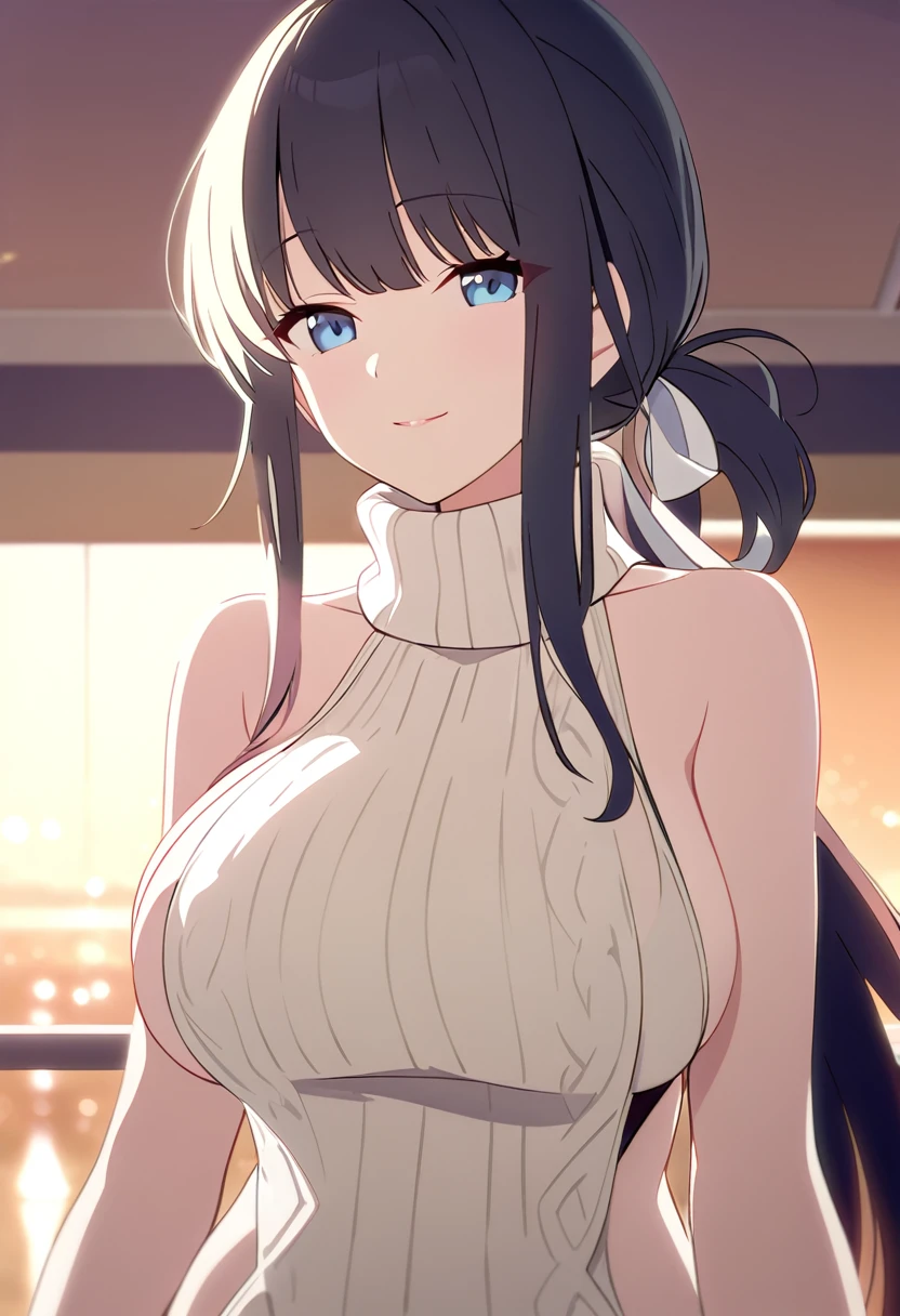 masterpiece, Highest quality, One girl, short ponytail、black hair、virgin killer sweater, (sweater dress:1.2), ribbed sweater,sideboob,cleavage cutout, turtleneck sweater,(broen sweater:1.3),(crop top navel:0.8)、sleeveless,gentle smile、Very sexy、upper body,from front,huge breasts